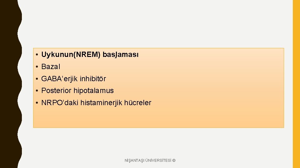  • Uykunun(NREM) bas laması • Bazal • GABA’erjik inhibitör • Posterior hipotalamus •