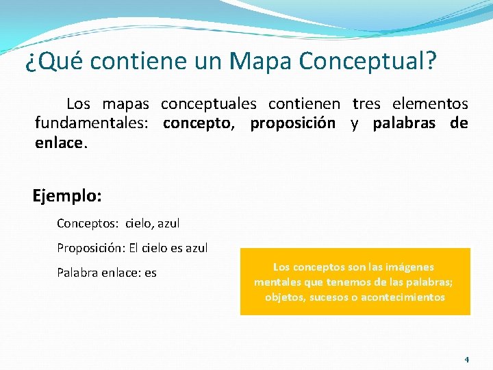 ¿Qué contiene un Mapa Conceptual? Los mapas conceptuales contienen tres elementos fundamentales: concepto, proposición