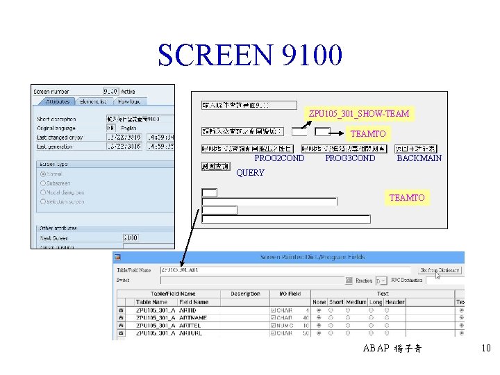 SCREEN 9100 ZPU 105_301_SHOW-TEAMTO PROG 2 COND PROG 3 COND BACKMAIN QUERY TEAMTO ABAP