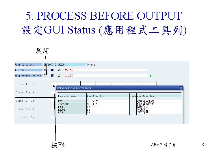 5. PROCESS BEFORE OUTPUT 設定GUI Status (應用程式 具列) 展開 按F 4 ABAP 楊子青 19