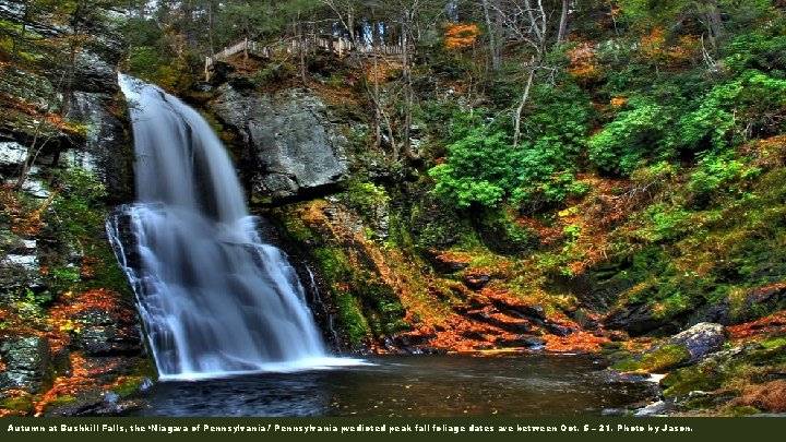 Autumn at Bushkill Falls, the ‘Niagara of Pennsylvania. ’ Pennsylvania predicted peak fall foliage