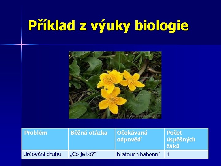 Příklad z výuky biologie Problém Běžná otázka Očekávaná odpověď Počet úspěšných žáků Určování druhu