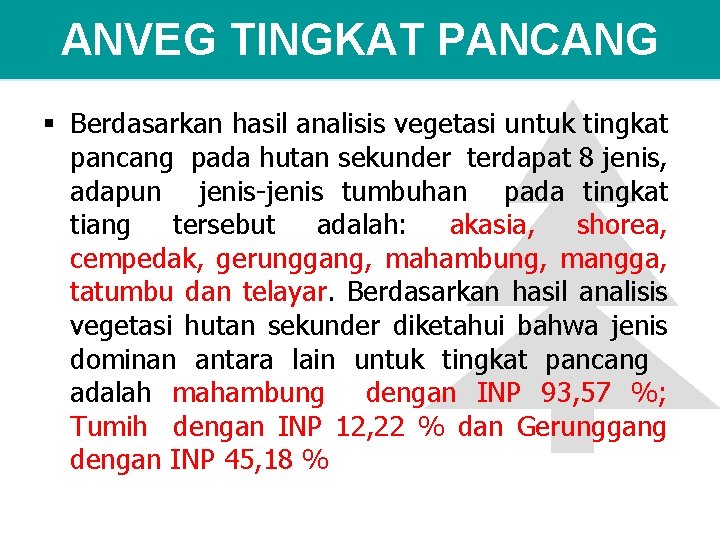 ANVEG TINGKAT PANCANG § Berdasarkan hasil analisis vegetasi untuk tingkat pancang pada hutan sekunder