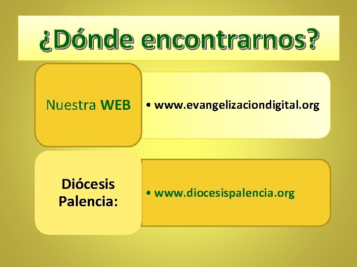 ¿Dónde encontrarnos? Nuestra WEB • www. evangelizaciondigital. org Diócesis Palencia: • www. diocesispalencia. org ¿Dónde encontrarnos? Nuestra WEB • www. evangelizaciondigital. org Diócesis Palencia: • www. diocesispalencia. org