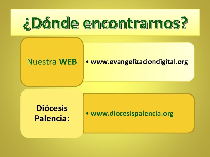 ¿Dónde encontrarnos? Nuestra WEB • www. evangelizaciondigital. org Diócesis Palencia: • www. diocesispalencia. org