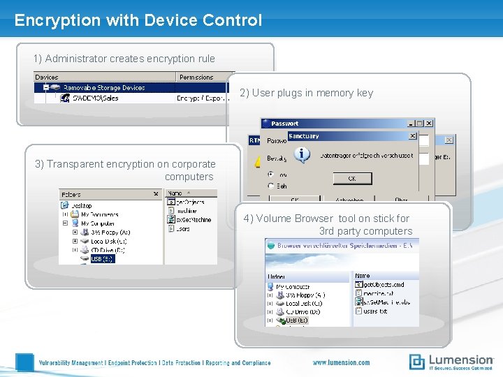 Encryption with Device Control 1) Administrator creates encryption rule 2) User plugs in memory
