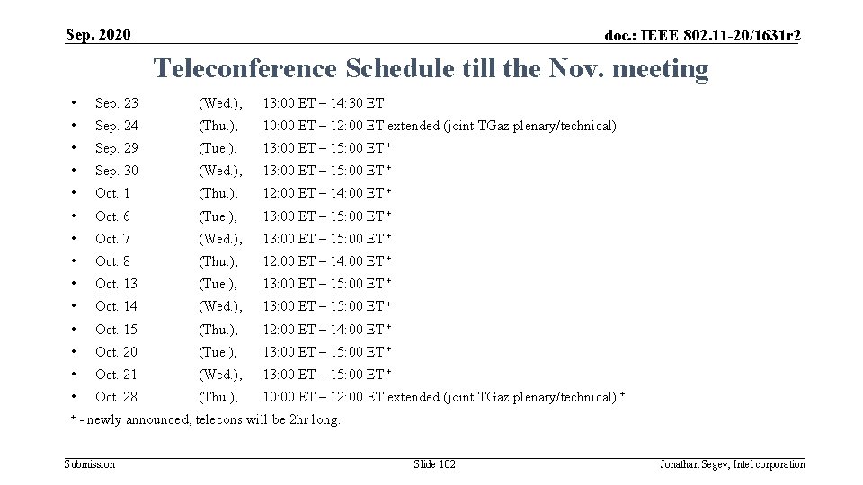 Sep. 2020 doc. : IEEE 802. 11 -20/1631 r 2 Teleconference Schedule till the