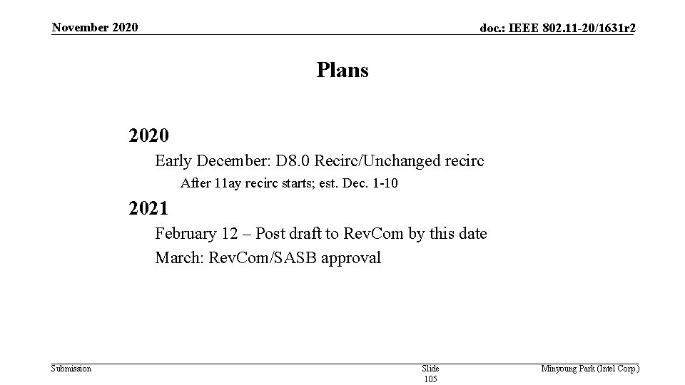 November 2020 doc. : IEEE 802. 11 -20/1631 r 2 Plans 2020 Early December: