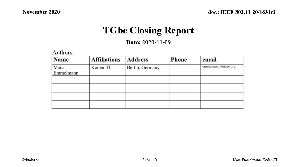 November 2020 doc. : IEEE 802. 11 -20/1631 r 2 TGbc Closing Report Date: