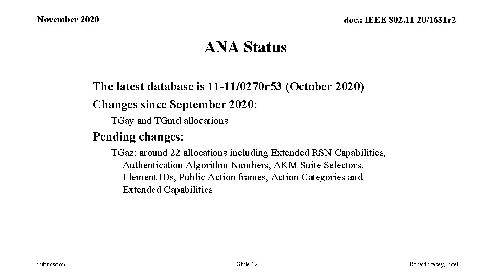 November 2020 doc. : IEEE 802. 11 -20/1631 r 2 ANA Status The latest