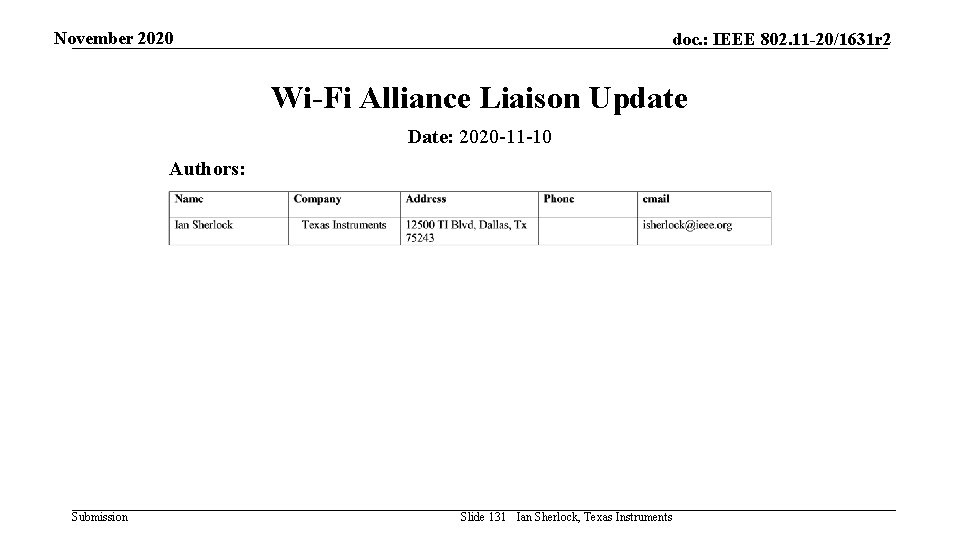 November 2020 doc. : IEEE 802. 11 -20/1631 r 2 Wi-Fi Alliance Liaison Update