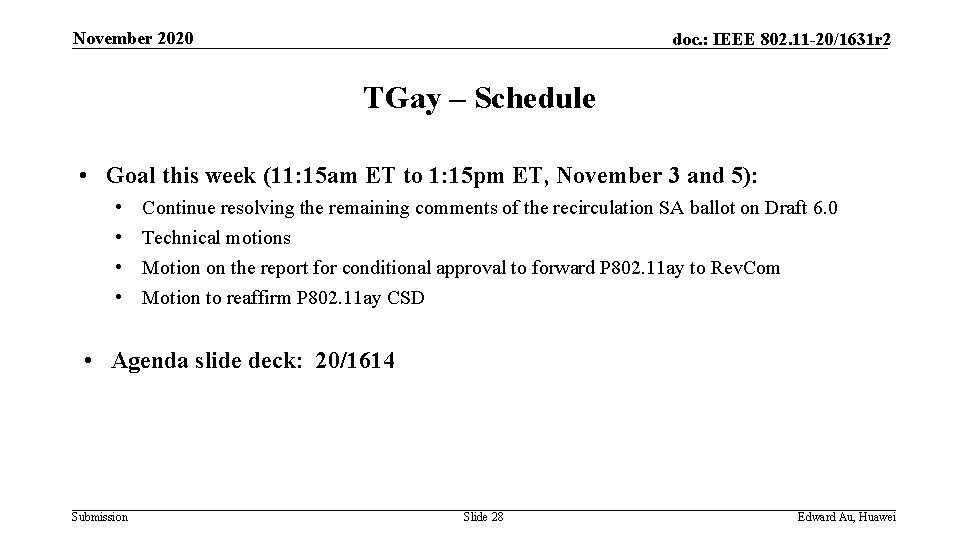 November 2020 doc. : IEEE 802. 11 -20/1631 r 2 TGay – Schedule •