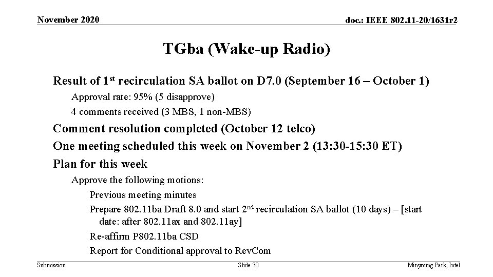 November 2020 doc. : IEEE 802. 11 -20/1631 r 2 TGba (Wake-up Radio) Result
