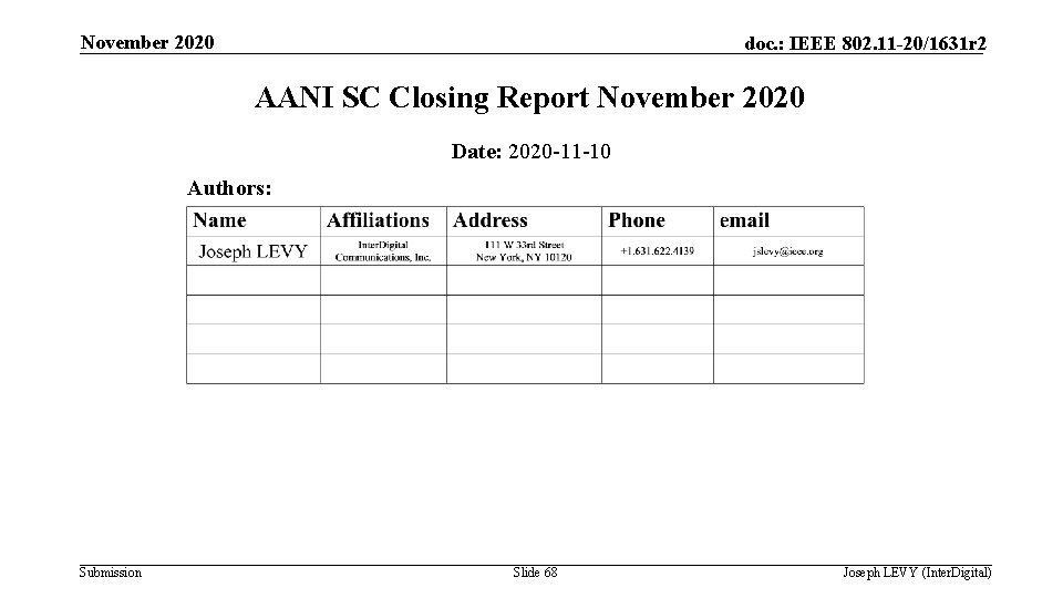November 2020 doc. : IEEE 802. 11 -20/1631 r 2 AANI SC Closing Report