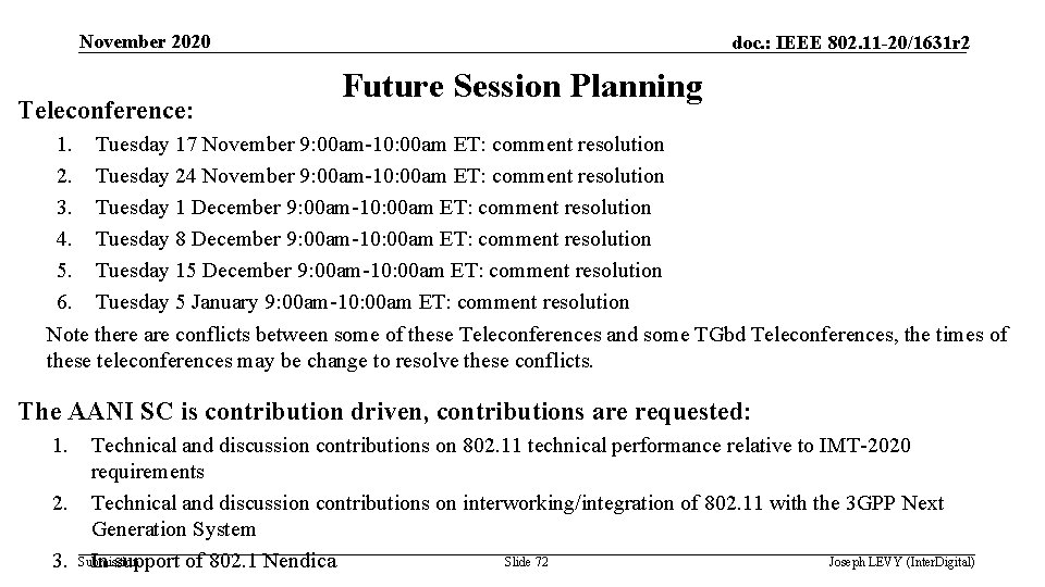 November 2020 Teleconference: doc. : IEEE 802. 11 -20/1631 r 2 Future Session Planning