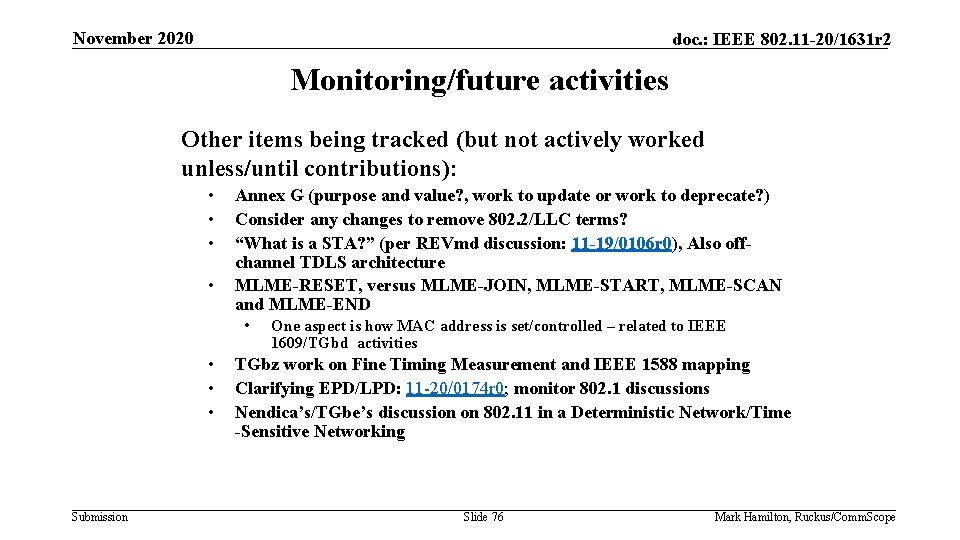 November 2020 doc. : IEEE 802. 11 -20/1631 r 2 Monitoring/future activities Other items