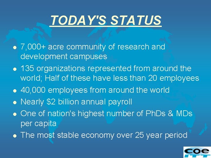 TODAY'S STATUS l l l 7, 000+ acre community of research and development campuses