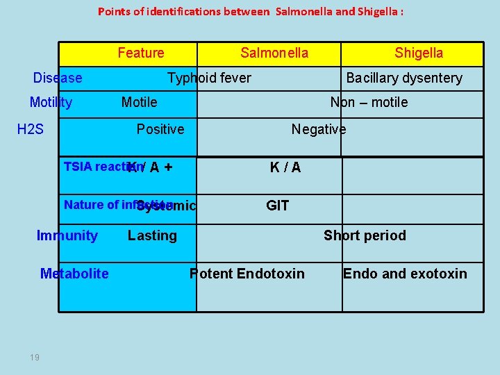 Points of identifications between Salmonella and Shigella : Feature Disease Motility H 2 S