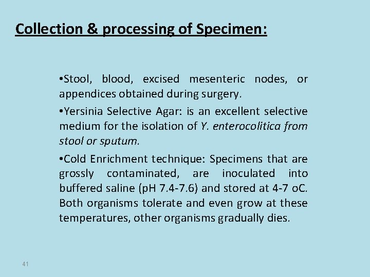 Collection & processing of Specimen: • Stool, blood, excised mesenteric nodes, or appendices obtained