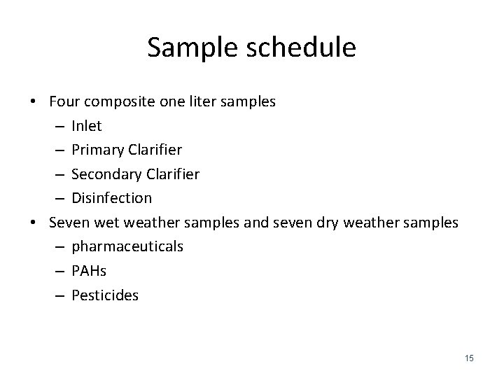 Sample schedule • Four composite one liter samples – Inlet – Primary Clarifier –