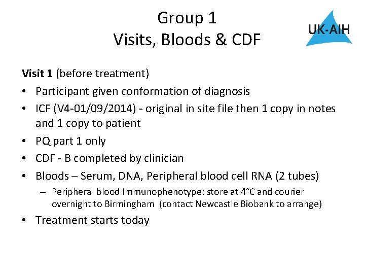 Group 1 Visits, Bloods & CDF Visit 1 (before treatment) • Participant given conformation