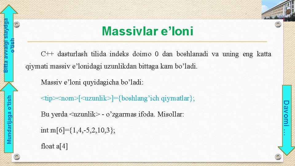 Bitta avvalgi slaydga o’tish Massivlar e’loni C++ dasturlash tilida indeks doimo 0 dan boshlanadi