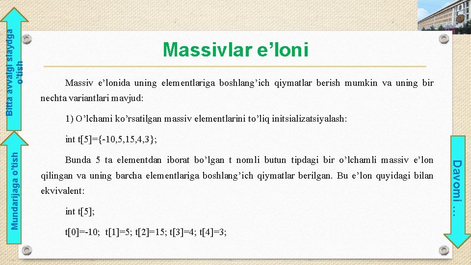 Bitta avvalgi slaydga o’tish Massivlar e’loni Massiv e’lonida uning elementlariga boshlang’ich qiymatlar berish mumkin