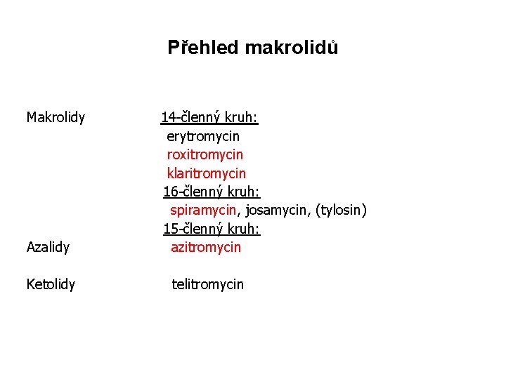 Přehled makrolidů Makrolidy Azalidy Ketolidy 14 -členný kruh: erytromycin roxitromycin klaritromycin 16 -členný kruh: