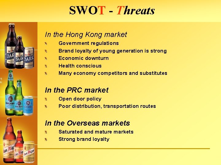 SWOT - Threats In the Hong Kong market Government regulations Brand loyalty of young