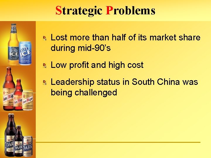 Strategic Problems Lost more than half of its market share during mid-90’s Low profit