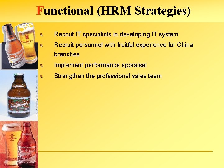 Functional (HRM Strategies) Recruit IT specialists in developing IT system Recruit personnel with fruitful