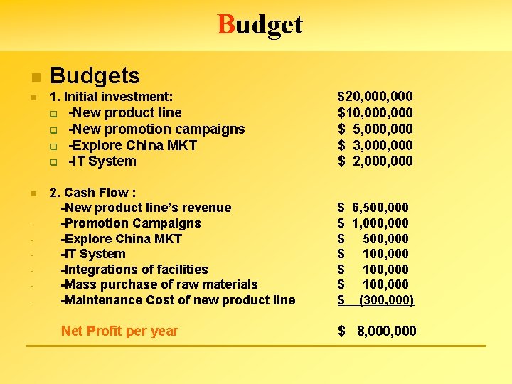 Budget n Budgets n 1. Initial investment: q q n - -New product line