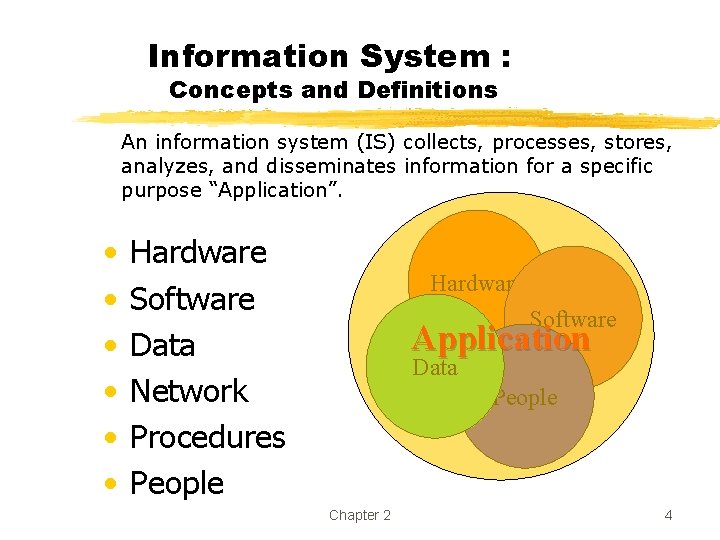 Information System : Concepts and Definitions An information system (IS) collects, processes, stores, analyzes,