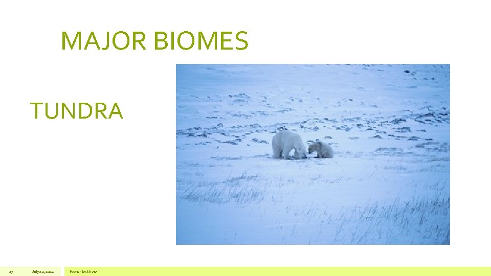 MAJOR BIOMES TUNDRA 17 July 22, 2012 Footer text here 