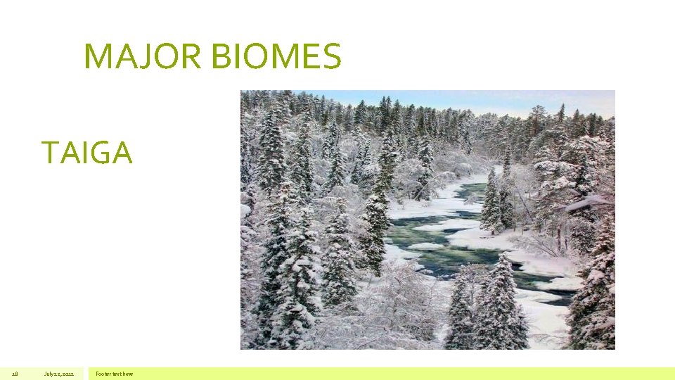 MAJOR BIOMES TAIGA 18 July 22, 2012 Footer text here 