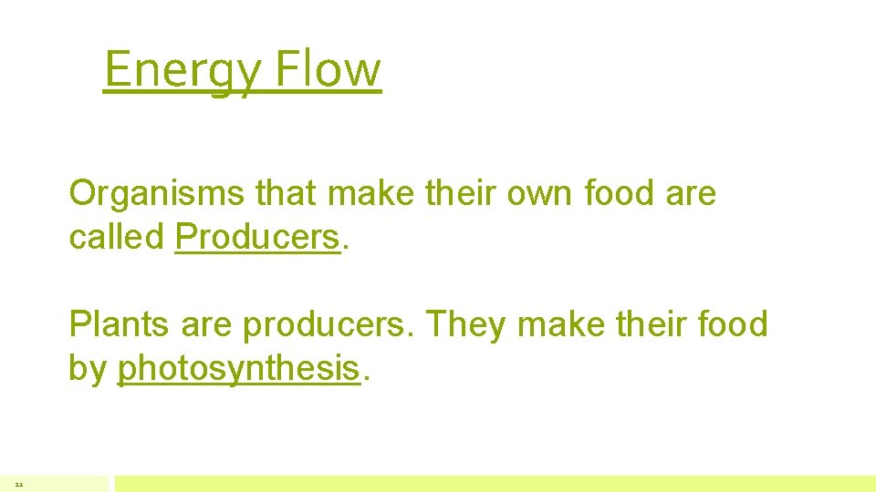 Energy Flow Organisms that make their own food are called Producers. Plants are producers.