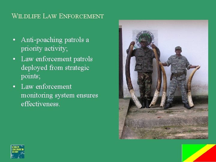 WILDLIFE LAW ENFORCEMENT • Anti-poaching patrols a priority activity; • Law enforcement patrols deployed