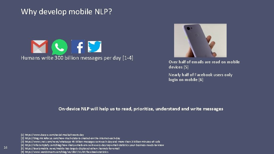 Why develop mobile NLP? Humans write 300 billion messages per day [1 -4] Over