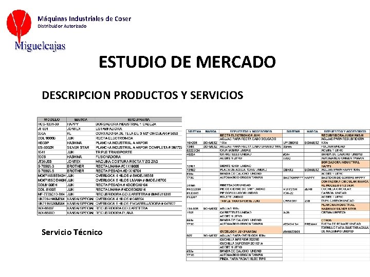 Máquinas Industriales de Coser Distribuidor Autorizado ESTUDIO DE MERCADO DESCRIPCION PRODUCTOS Y SERVICIOS Servicio