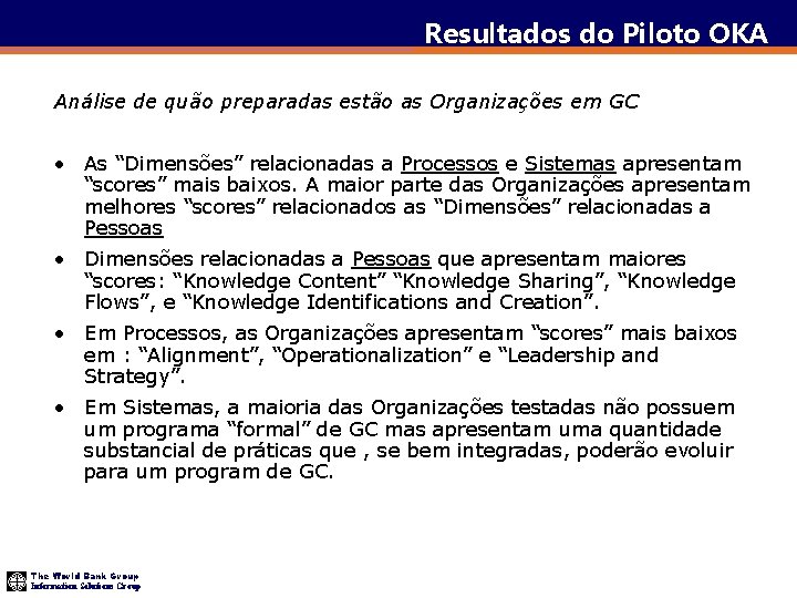 Resultados do Piloto OKA Análise de quão preparadas estão as Organizações em GC •