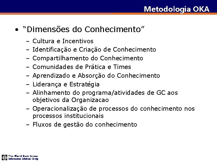 Metodologia OKA • “Dimensões do Conhecimento” – – – – Cultura e Incentivos Identificação