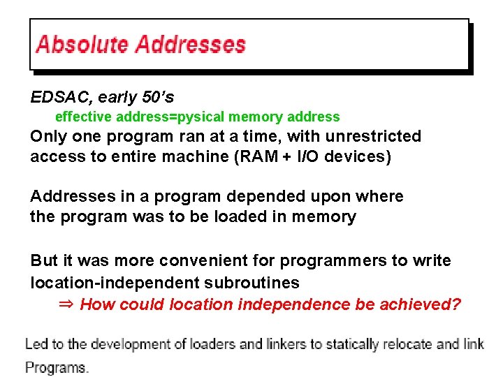 EDSAC, early 50’s effective address=pysical memory address Only one program ran at a time,