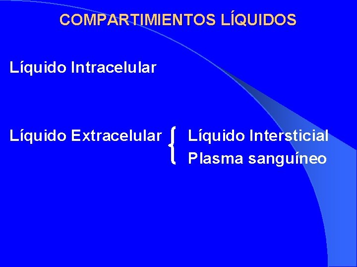 COMPARTIMIENTOS LÍQUIDOS Líquido Intracelular Líquido Extracelular Líquido Intersticial Plasma sanguíneo 