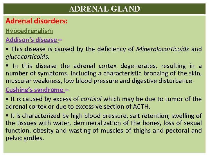 ADRENAL GLAND Adrenal disorders: Hypoadrenalism Addison’s disease – § This disease is caused by