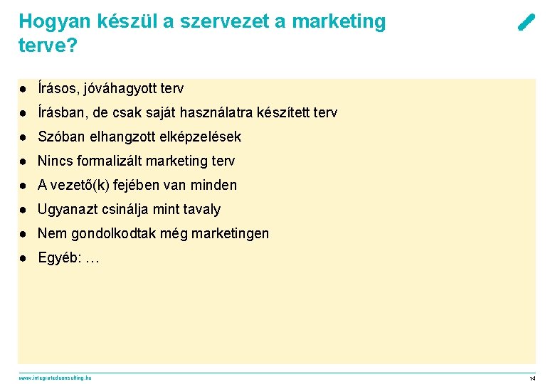 Hogyan készül a szervezet a marketing terve? ● Írásos, jóváhagyott terv ● Írásban, de