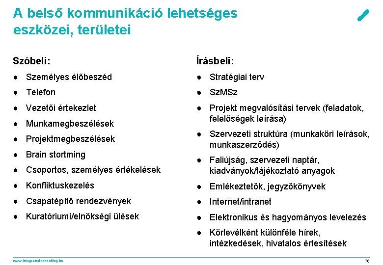 A belső kommunikáció lehetséges eszközei, területei Szóbeli: Írásbeli: ● Személyes élőbeszéd ● Stratégiai terv