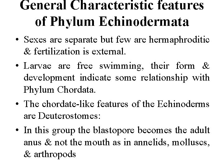 General Characteristic features of Phylum Echinodermata • Sexes are separate but few are hermaphroditic General Characteristic features of Phylum Echinodermata • Sexes are separate but few are hermaphroditic