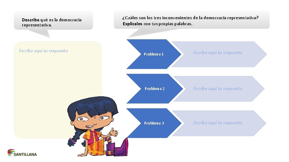 Describe qué es la democracia representativa. Escribe aquí tu respuesta ¿Cuáles son los tres