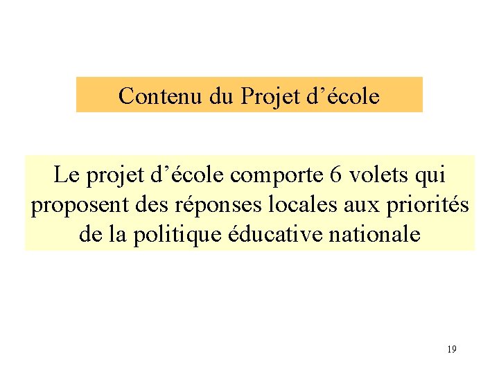 Contenu du Projet d’école Le projet d’école comporte 6 volets qui proposent des réponses