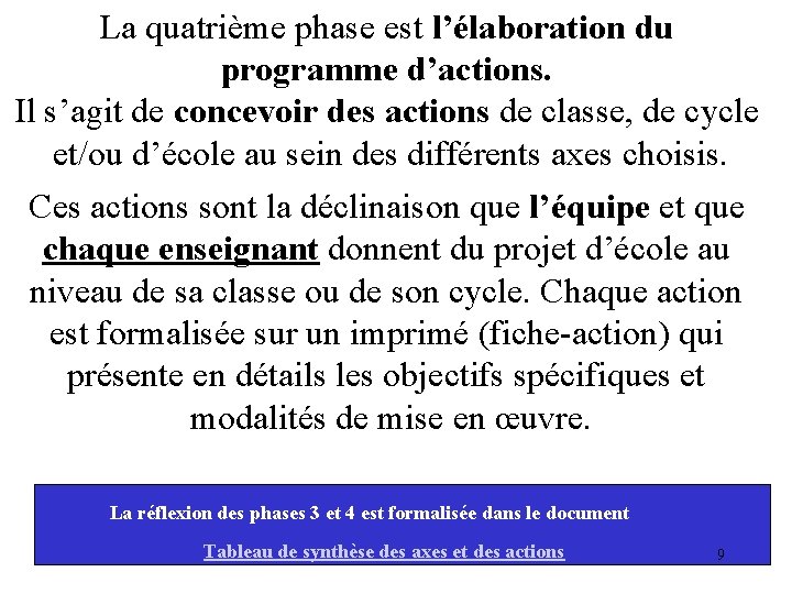 La quatrième phase est l’élaboration du programme d’actions. Il s’agit de concevoir des actions